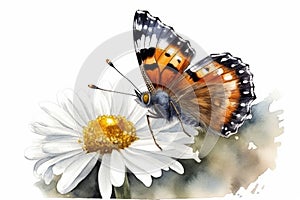 Close up Butterfly on white Daisy watercolor