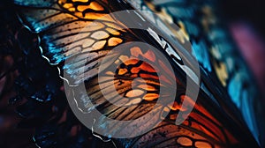 a close up of a butterfly wing with orange and blue colors on it's wings and a black background with