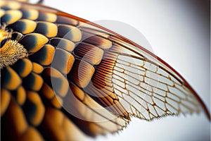 a close up of a butterfly wing with a sky background behind it and a white background behind it with a yellow and black