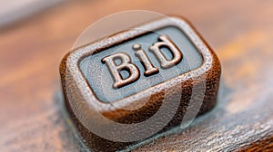 A close up of a button with the word bid on it, AI