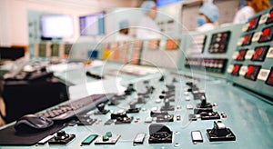 Close-up of buttons and switches control panel of nuclear power plant