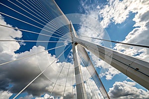 Close-up of cable-stayed bridge pylon