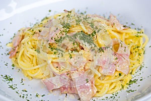 Close up of cabonara spaghetti