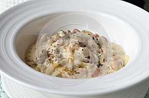 Close up Cabonara spaghetti in white plate