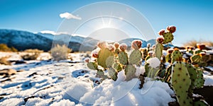 Close-up of cacti unexpectedly covered in snow in the desert , concept of Ephemeral beauty