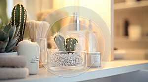 Close-up of Cactus and Decorative Elements on a White Shelf