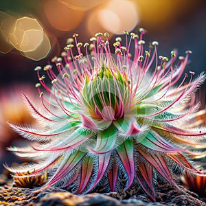 Close up of cactus flower blooming with bokeh background, generative ai