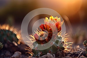 close-up of a cactus flower in the desert sunrise or sunset