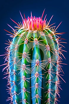 A close up of a cactus with a pink flower on it