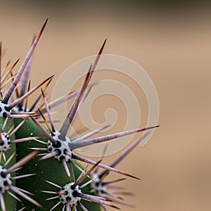 Close-up of a cactus showcasing sharp, elongated spines radiating from a central