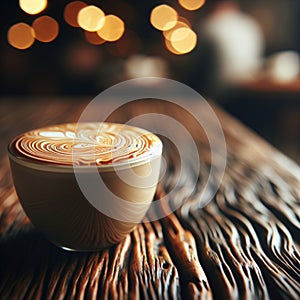 Close-up of a Cafe au Lait on a wooden table, bokeh cafe lights in the background. AI generated. photo