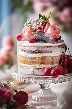 A close up of a cake with berries on it. Generative AI image.