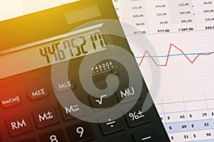 Close-up of a calculator on a desktop with graphs. Financial statements.