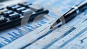 The calculator and pen on spreadsheets.AI generated image photo