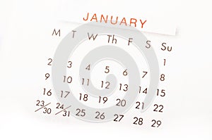 Close up calendar for January 2017.