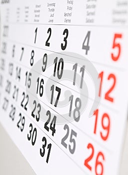 Close up calendar page
