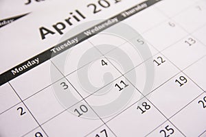 Close up calendar of page April background, Tax season