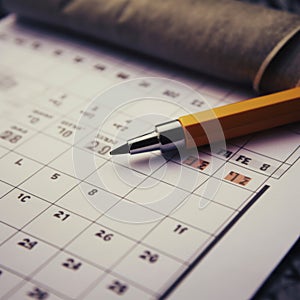 close up of calendar and pencil, planning for business meeting or travel planning concept AI generated