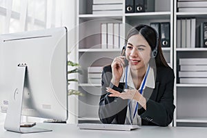 close up call center operator in wireless headset talking with customer, woman in headphones with microphone consulting