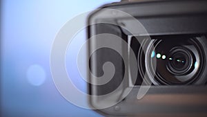 Close-up camcorder lens opens, Zooming Video Camcorder Lens. 4K