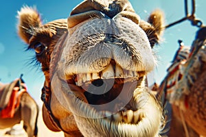 Close up of a camel laughing in to the camera