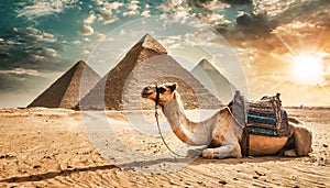 Close-up of a Camel Resting in Front of the Three Egyptian Pyramids - Generative Ai