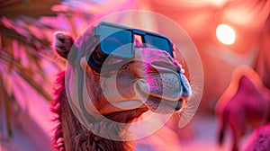 A close up of a camel wearing sunglasses with its head tilted, AI