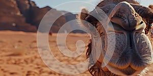 Close-up of a camels face, with its long eyelashes and calm demeanor, set against the backdrop of a shimmering desert