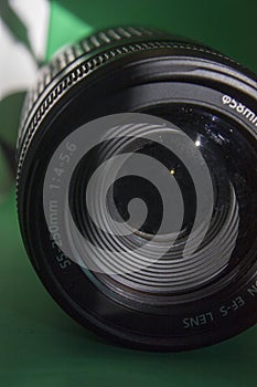 Close-up camera lens on a dark green background