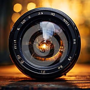 Close-up of a camera lens reflecting light
