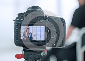 Close up. camera in the Studio during a TV interview.