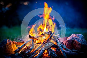 Close-up on a campfire with stones