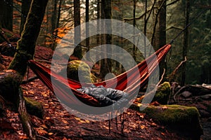 close-up of camping hammock in the woods