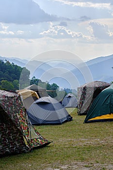 Close up, camping tent on camp site in mountain