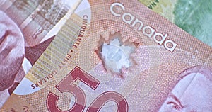 Close up of Canadian banknotes CAD