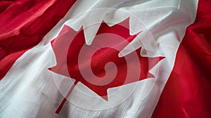 Close-Up of Canadian Flag with Red Maple Leaf - National Symbol of Canada, Patriotism, and Cultural Identity photo