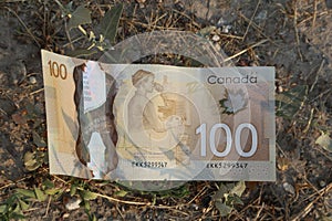 A close up of Canadian money- $100 bill