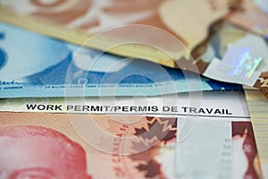 Close up of Canadian work permit document with dollar banknotes