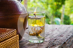 Close up candle in glass on table