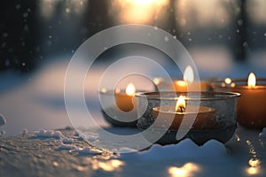 Close-up of candles outdoors  in the snow, ai generated