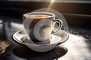 Close up of cap of coffee with smoke on table