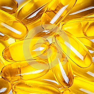 Close up of capsules Omega 3 on white background. Top view, high resolution product. Health care concept.