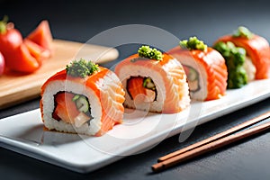 Close-Up Capture of a Delectable Sushi Platter with Vivid Colors and Fresh Seafood with Generative AI