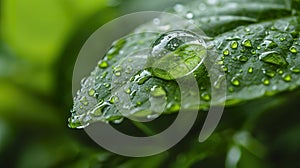 Close-up capture of a drop of water on a leaf in an expression of nature\'s grandeur.