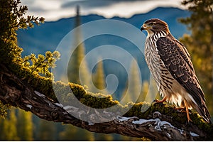 Close-Up Capture: Hawk in Sharp Focus, Feathers Rendered with High Detail, Perched on a Gnarled Branch