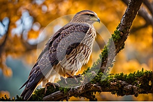 Close-Up Capture: Hawk in Sharp Focus, Feathers Rendered with High Detail, Perched on a Gnarled Branch