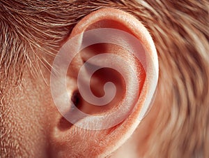 Detailed view of human ear with natural skin texture and hair strands showing intricate patterns and contours in warm lighting