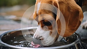 Close-up captures a dog drinking water from a bowl, showcasing thirst-quenching refreshment, Ai Generated