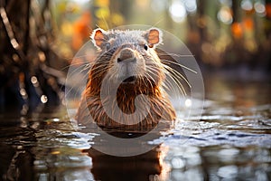 close up of a capybara in the water.