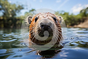 close up of a capybara in the water.